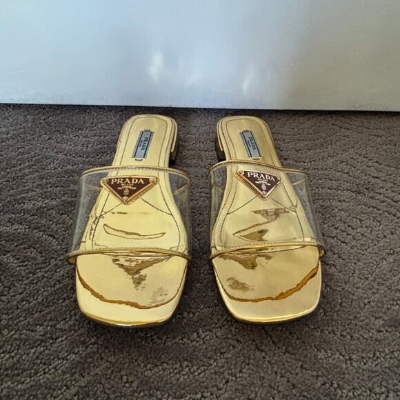 Prada Ciabatte Clear PVC Enameled Triangle Logo Flat Sandal Platino Gold Size 37 - Picture 2 of 14